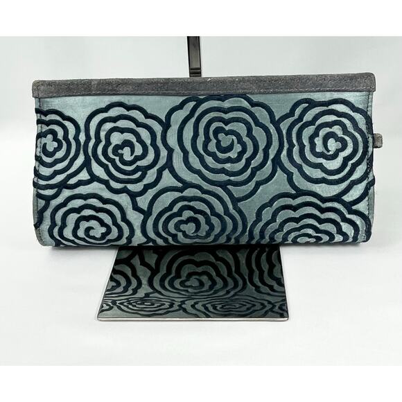 Blue Satin & Suede Clutch with Velvet Embossed Flowers - Picture 1 of 6